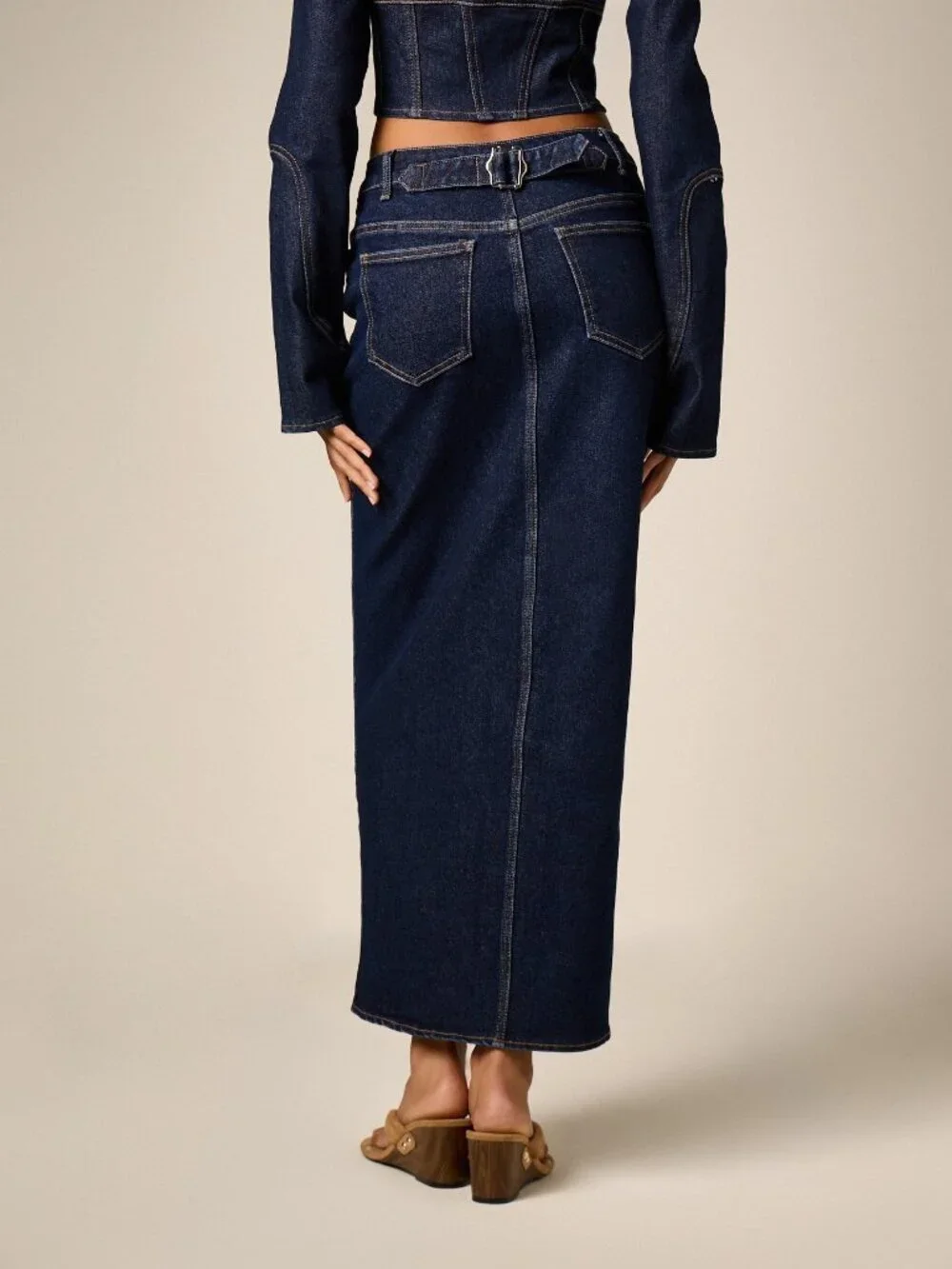 Blue Casual Women's High Waisted Denim Pencil Skirt With Front Split